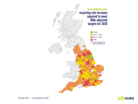 Local authority recycling rate increase required to meet 2025 targets map